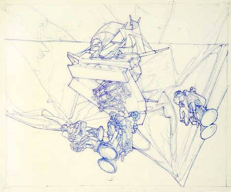 Stroskotanie - 1987, pero na pauzku, 45.5x55.5cm